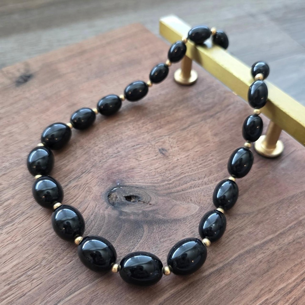 Vintage 80s Monet Black Bead Choker Necklace Gold Accents Lucite Statement